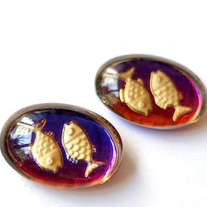 2 handmade glass stones 18x13 oval blue vitrail gold bronze fish Pisces hand painted rhinestones original Made in Germany approx. 1960