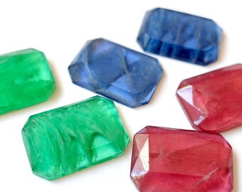 4 cabochons octagon handmade glass stones 18x13mm rectangle faceted red green blue inclusions original made in western Germany 60s