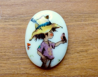 1 rare pendant handmade vintage glassstone 25x18mm oval white print comic boy fairytale flower original made in germany 1970