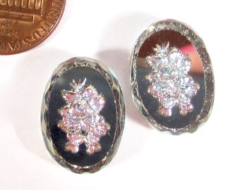 2 handmade glass stones 18x13 oval Vitrail light silver table violet flower strass original Made in Germany approx. 1970 years