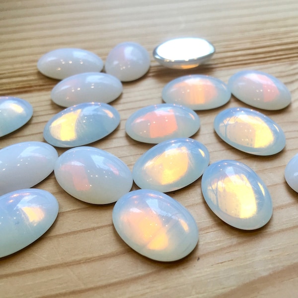 6 handmade glass stones cabochons 18x13mm opal glass white moonstone glass foiled made in Germany made in Germany 1970s