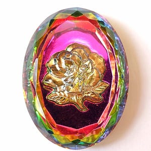 1 large gemstone handmade glass stone 40x30 oval faceted rose iridis gold pink green colorful rhinestones original Made in Germany ca. 1970