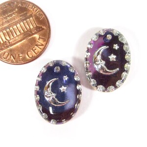 2 moon pendants handmade glass stones oval 18x13 mm crystal silver blue  moon stars rhinestones original made in Germany 1970