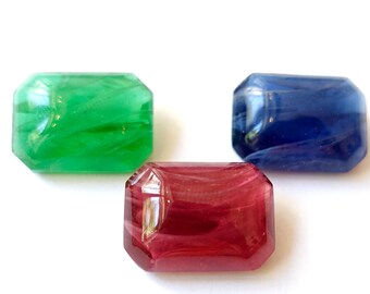 4 gemstones octagon handmade glass stones 18x13mm rectangle red green blue inclusions original made in western Germany 60s