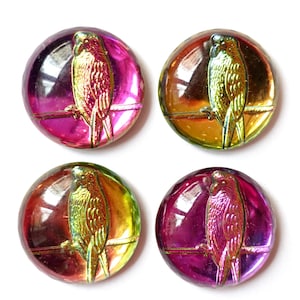 Op de afbeelding: Vier iriserende glazen knopen met een papegaai-ontwerp. Elke knoop toont een papegaai op een tak, met kleuren die verschuiven van roze naar goud. De knopen zijn rond en hebben een reflecterende, glanzende afwerking.