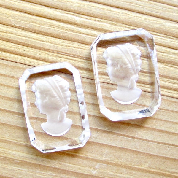2 handmade glass stones 18x13 mm gemme octagon transparent frosted cameo woman's head woman strass original Made in Germany 1970