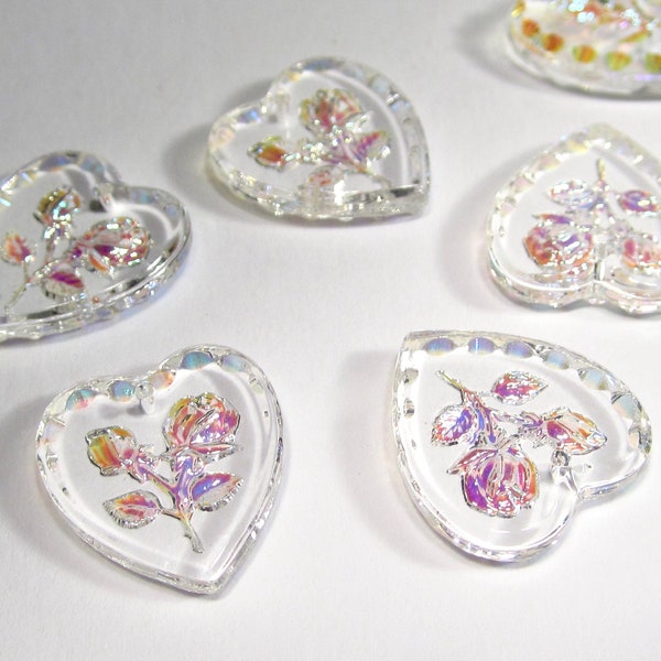 2 handmade heart rose pendant glass stones 20x18 mm heart charm crystal aurora borealis flowers rhinestones original made in Germany 1970