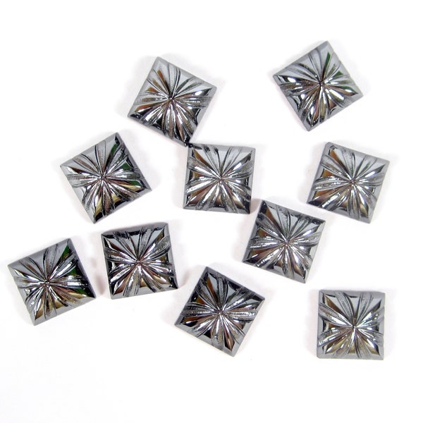 4 handmade glass stones cabochons pyramid square 12x12 mm deco silver black gothic made in Germany 1950s