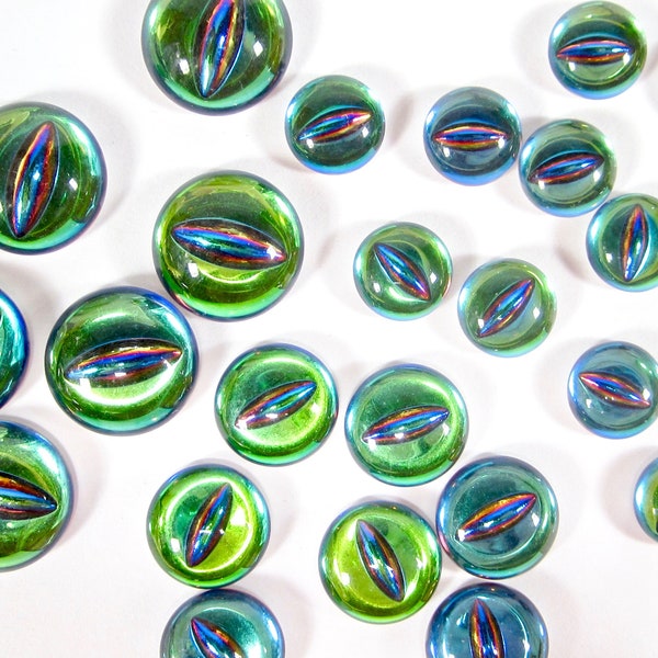 Eyes animal eyes 6 handmade glass stones cabochons 8, 10, 12mm bermuda green blue round glass foiled made in Germany 1970s