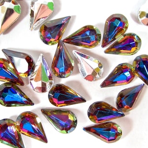 6 handmade glass stones 13x8mm drop blue purple heliotrope pear rhinestone original made in Germany 1970s