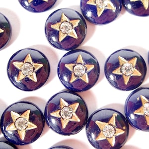 6 cabochons handmade glass stones 9 mm round blue gold star rhinestone vintage glass original made in Germany 1960s