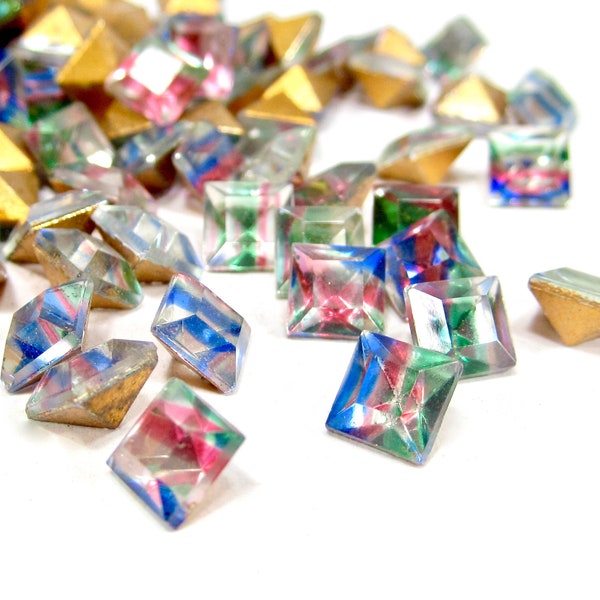 6 handmade glass stones square colorful blue green red crystal faceted foiled chatons 6x6x4 mm made in Germany 1960s