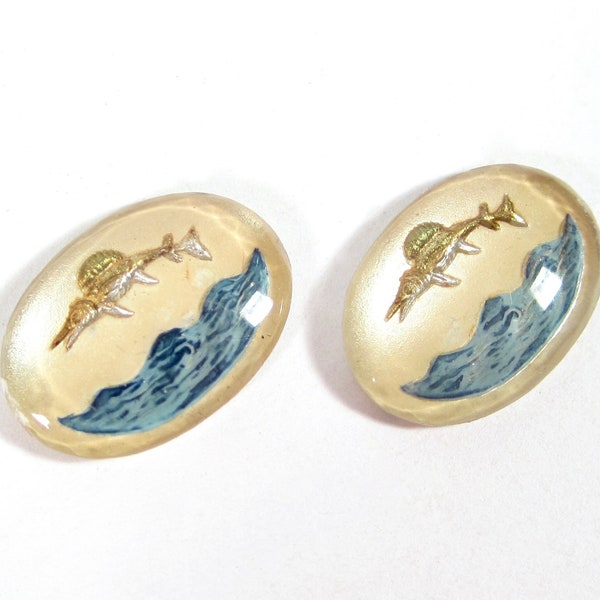 2 handmade glass cabochons 18x13mm fish swordfish opal white blue silver made in Germany 1950s