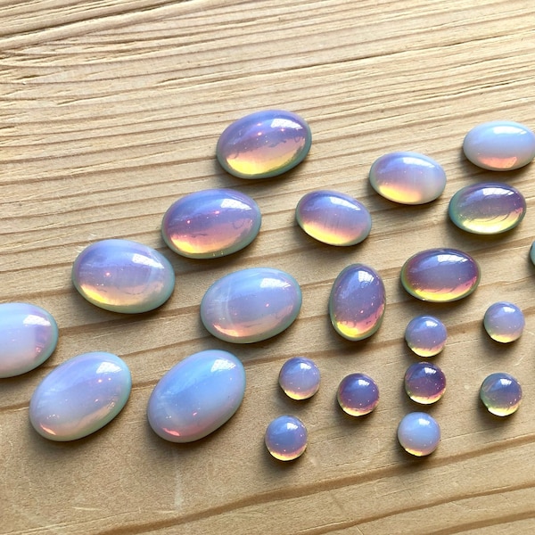 2- 12 white opal sahara glass cabochons 7mm, 14x10mm, 18x13mm white moonstone