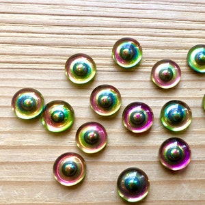 12 handmade glass stones cabochons 8 mm iridis round animal eyes glass foiled made in Germany 1970s