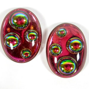1 cabochon handmade glass stone 40x30 mm oval bubble space age iridis pink green rhinestones originally made in Germany 1970s