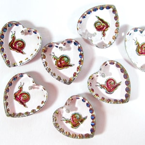 2 handmade heart snail pendant glass stones 15x14 mm green pink transparent strass original Made in Germany around 1970