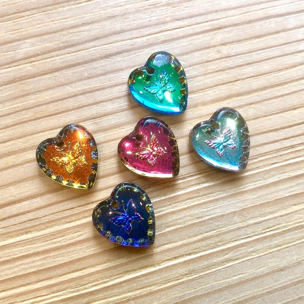 2 handmade glass stones 12x11 heart butterfly pendant different colors iridis/sahara/vitrail light/bermuda Made in Germany 70s