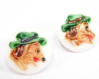 2 hand-painted Gablonzer glass buttons 11mm dog with hat round white brown green originally made in Germany 1950s