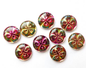 4 cabujones de 10 mm piedras de vidrio hechas a mano hoja de trébol rosa verde iridiscente original Hecho en Alemania aprox.