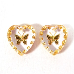 2 butterfly handmade glass stones 12x11 heart pendant transparent gold rhinestones original Made in Germany approx. 1970