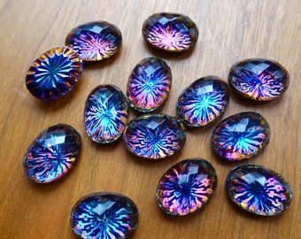 2 cabochons handmade glass stones 18x13mm oval heliotropic rhinestones original made in Germany made in Germany 1970s