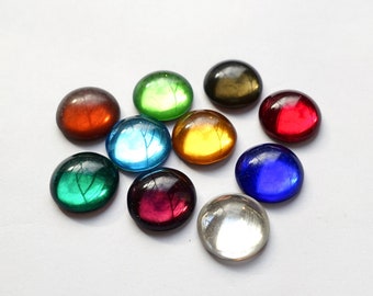 6 handmade cabochons 15mm opal glass foiled yellow blue red green opal original made in Germany 1960s