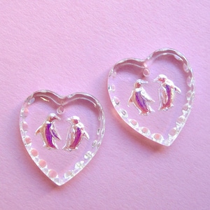 2 handmade glass stones heart penguin pendant 20x18 mm transparent Aurora Borealis strass original Made in Germany ca. 1970