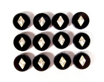 12 handmade glass stones cabochons round Art Deco rhinestone inlay black 6.7 mm gothic made in Germany 1960s