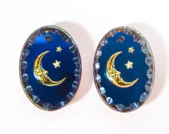 2 moon pendant handmade glass stones oval 18x13 mm crystal blue gold panel star strass original Made in Germany ca. 1970