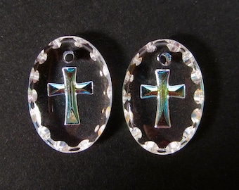 2 handmade glass stones 14x10 oval pendants oval transparent aurora boreal cross Christ crystal rhinestones original Made in Germany 1970