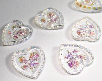2 handmade heart rose pendant glass stones 20x18 mm heart charm crystal aurora borealis flowers rhinestones original made in Germany 1970