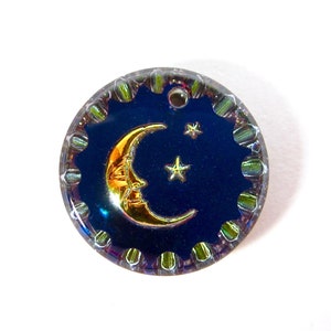2 colgantes de luna, piedras de cristal hechas a mano, redondas de 15 mm, cristal, dorado, azul, luna, estrellas, pedrería, originales, fabricados en Alemania, circa 1970.