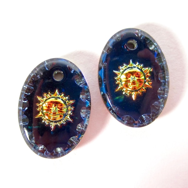 2 handmade sun pendant oval glass stones 14x10 blue gold strass original Made in Germany around 1970