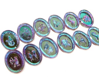 12 handmade glass stones cabochons 18x13mm glass starsigns zodiac blue purple made in Germany made in Germany 1970s