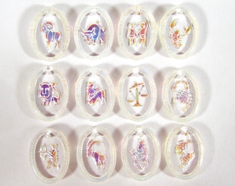 2 or all zodiac pendants handmade glass stones 18x13mm glass starsigns aurora borealis transparent made in Germany 1970