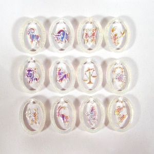 72 zodiac pendants 6 sets handmade glass stones 18x13mm glass starsigns aurora borealis transparent made in Germany 1970