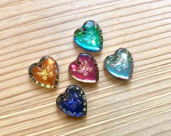 2 handmade glass stones 12x11 heart butterfly pendant different colors iridis/sahara/vitrail light/bermuda Made in Germany 70s