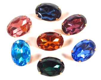 6 pedras de vidro vintage da década de 1970 25x18 com configuração roxo azul amarelo verde rosa strass oval facetado feito na Alemanha