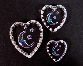 2 handmade glass stones 12x11/15x14/20x18 heart moon pendant transparent blue aurora boreal stars rhinestones original made in Germany 1970