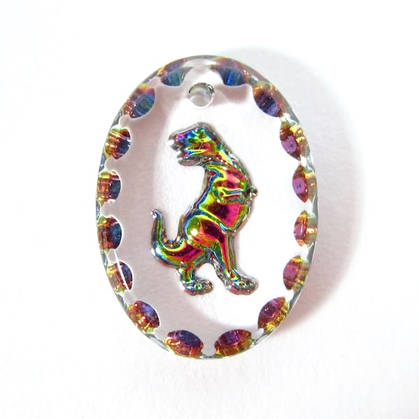 2 handmade dino pendant glass stones oval 18x13 mm crystal transparent green pink dinosaur T Rex strass original Made in Germany 1970