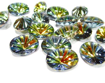 2 handmade glass stones 16x11mm oval sahara green yellow rhinestones originally made in Germany 1970s