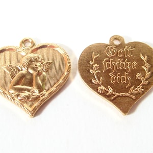 2 pendants angel heart charms brass 18mm metal, god bless you, cherub, jewelry parts, vintage original Made in Germany