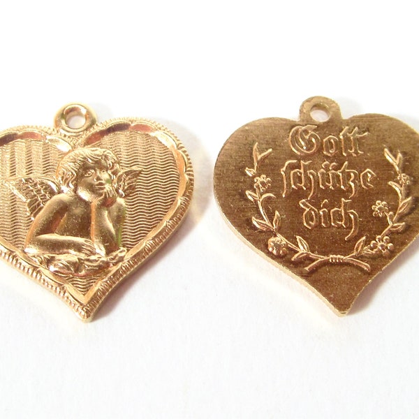 2 pendants angel heart charms brass 18mm metal, god bless you, cherub, jewelry parts, vintage original Made in Germany