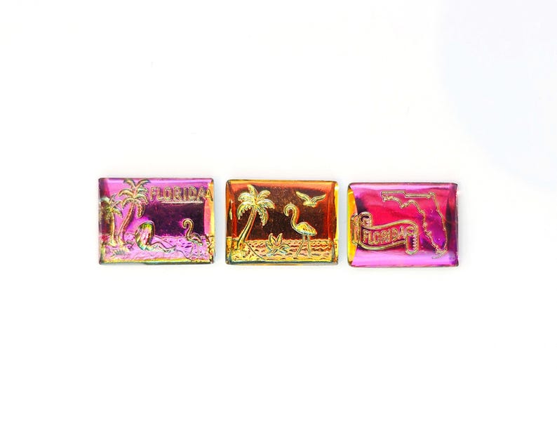 May include: Three rectangular Florida-themed magnets with a metallic finish. Each magnet features a different design: palm trees, a flamingo, and the state outline. The magnets are in shades of pink, orange, and gold.