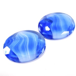 2 large handmade glass stones 40x30 mm oval blue pink streaks inclusions glass originally made in Germany 1970s