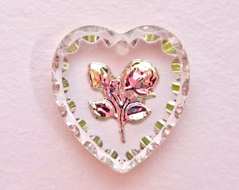 2 handmade heart rose pendant glass stones 15x14 mm heart charm crystal vitrail light flowers rhinestones original made in Germany 1970