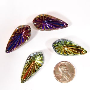 2 drop pendants Heliotrope blue sahara glass stones Heliotrope blue purple diamond glass stones 31x15mm original western Germany ca. 1970