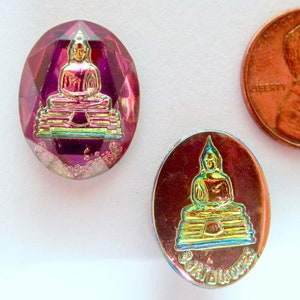 2 handmade glass stones 20x15 oval iridis vitrail gold bronze buddha hand-painted strass original Made in Germany approx. 1970