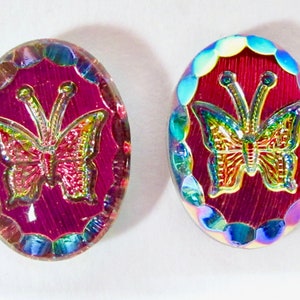 2 pcs handmade glass stone 25x18 oval iridis volcano heliotrope butterfly rhinestone original Made in Germany 1970